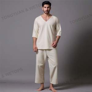 Camicia da <span class=keywords><strong>uomo</strong></span> con scollo a V e pantaloni da Yoga Casual pigiami da <span class=keywords><strong>uomo</strong></span> in lino di cotone - Product Image 3