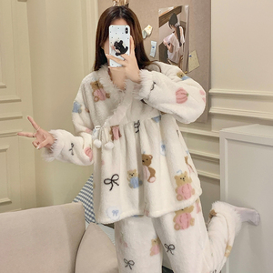 Conjuntos de Pijamas de Invierno para Mujer, Pijamas de Felpa con Cuello en V, Estilo Dulce de Princesa - Product Image 3