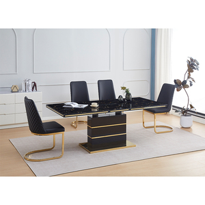 Bàn ăn mở rộng bằng đá cẩm thạch vàng đen với thép không gỉ 6-8 chỗ ngồi - Product Image 2