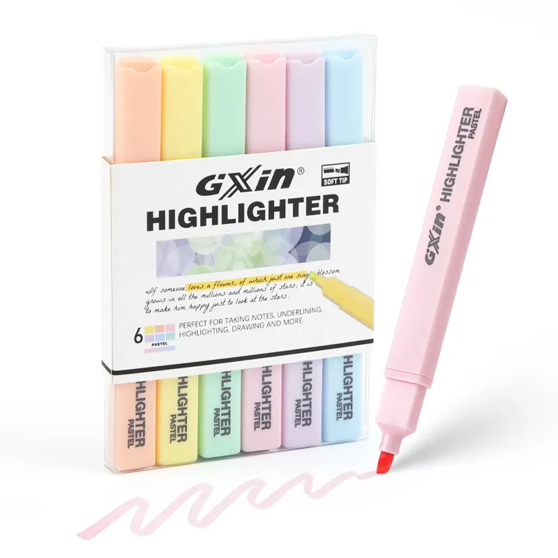 Gxin G-343 pena highlighter warna pastel, spidol highlighter warna pastel grosir berbasis air kualitas stabil 6 buah/set