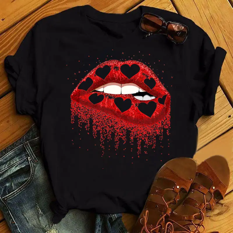 Rundhals-Design Mädchen T-Shirt Kuss Lippe Sommer weiblich weich dehnbar T-Shirts Mode Logo Frauen Grafik druck Tops T-Shirts