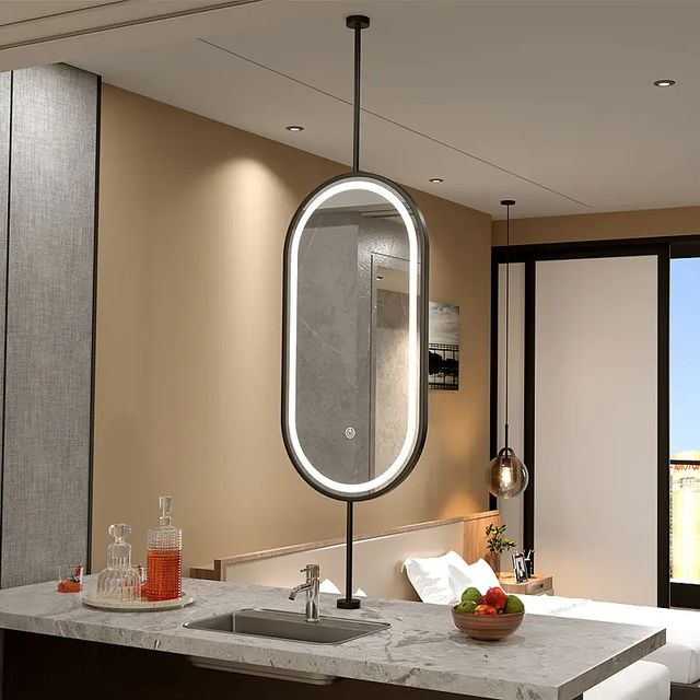 Black Frame Smart Creative Oval Mirror Touch Suspension Makeup Infinite Dimmable Light Modern LED ceiling Hang Smart Home Mirror