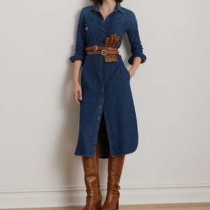 Robe longue en jean pour femme, nouvelle collection, élégante et tendance, à manches longues, col à revers, couleur unie, style streetwear - Product Image 1