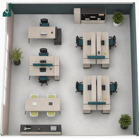 Ensemble de mobilier de bureau tout-en-un : poste de travail moderne avec cloison acoustique, bureau en chêne avec structure en acier, armoire et table de réunion