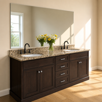 Armoires de salle de bain personnalisées XINGRUO à double tiroir, en bois foncé, avec comptoir en granit et vasques encastrées, taille sur mesure pour appartement et hôtel