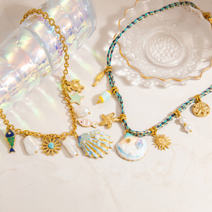 Collier en acier inoxydable style Océan, chaîne de clavicule avec étoile de mer et coquillage, bijoux pour femme à couleur inaltérable - Product Image 2