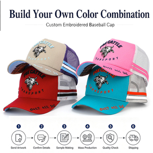 Casquette de camionneur en coton rayé structurée à profil haut, <span class=keywords><strong>avec</strong></span> broderie 3D en relief à 5 panneaux, personnalisée et de qualité supérieure, <span class=keywords><strong>avec</strong></span> deux bandes latérales en maille - Product Image 1