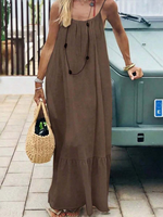 Robe longue maxi marron dos nu pour femme grande taille, à fines bretelles et nouable à l'arrière, style bohème ample pour la plage et les vacances, vente en gros et sur mesure
