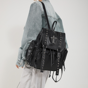 <strong>Women</strong> Fashion Backpack Multi Pocket <strong>Leather</strong> Student Laptop Shoulder Bag Punk Rivet <strong>Black</strong> Handbag for Rock Girls Travel <strong>Rucksack</strong> - Product Image 1