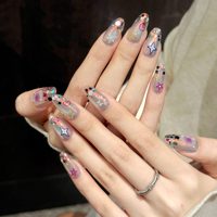 Faux Ongles Ovale à Presser Effet Aurore Étoile Cœur Pailleté Scintillant Faits Main Doux et Rêveurs Irisés – Lot de 10 Pièces