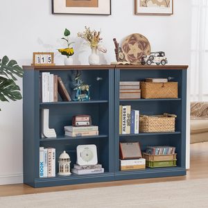 Estantería Alta Azul, Librería de <span class=keywords><strong>Madera</strong></span> <span class=keywords><strong>Gruesa</strong></span> de 3 Niveles con Estantes Ajustables, Librería Independiente Estilo Rústico con Almacenamiento - Product Image 5
