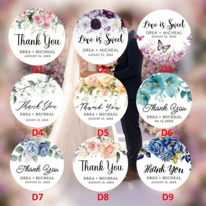 Autocollants de mariage personnalisés pour les cadeaux, étiquettes de remerciement personnalisées <span class=keywords><strong>avec</strong></span> noms et date, sceaux d'enveloppe ronds floraux pour boîtes cadeaux - Product Image 6