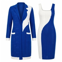 Ensemble tricoté deux pièces jacquard color block pour femme grande taille automne-hiver : cardigan long à col blazer et robe tricotée à col carré