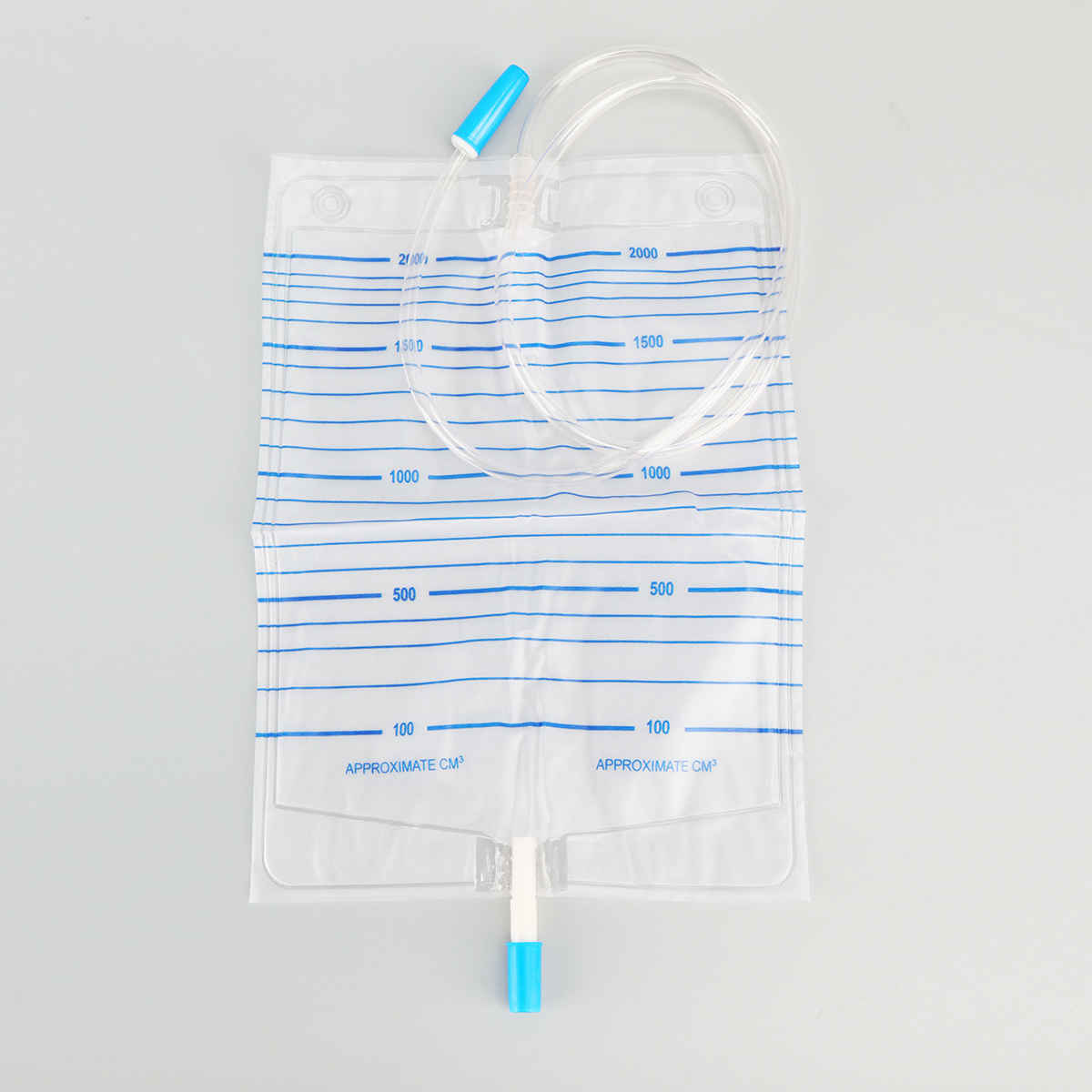 Bolsa de colección de orina de PVC estándar de 2000 ml con válvula de empuje y tracción para drenaje médico con tubo