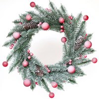 Guirlande de Noël givrée avec des ornements en boules roses et rouges, des pommes de pin, guirlande à suspendre pour la porte d'entrée, décoration de Noël pour la maison et les fêtes