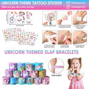 Qilery, juego de recuerdo de fiesta con temática de unicornio de 195 piezas, Incluye vasos de plástico reutilizables, pulseras bofetadas, pegatinas de tatuaje, adornos de cola - Product Image 3