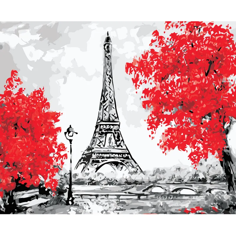 Fai da te dipingi con i numeri Kit di pittura a olio la torre Eiffel foglie rosse paesaggio pittura digitale decomprimere regalo per le famiglie