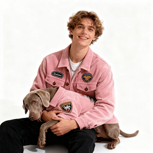 Veste pour homme en velours côtelé avec broderie de luxe personnalisée, bouton tendance, surdimensionnée, de haute qualité, vêtements assortis pour chien - Product Image 2