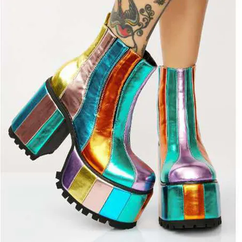 Fashion Ladies Platform Dress Shoes 2022 New Shiny Color Patchwork Chunky High Heel Boots Winter Warm Women Party Ankle Boots