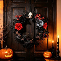 Couronne d'Halloween directement de l'usine, tête de mort, rose noire, fleur artificielle pour porte d'entrée, décoration murale, ornement festif effrayant
