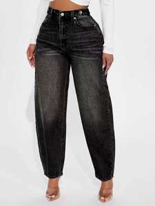 Jeans <span class=keywords><strong>Neri</strong></span> in Denim Stile Vintage con Bottoni Multipli da <span class=keywords><strong>Donna</strong></span>, Vita Media, Estivi, Lavabili, Vestibilità Ampia, Gamba Dritta, Lunghezza alla Caviglia - Product Image 6