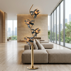 Lámpara de Pie de Lujo con Base de Metal Pesado y Cristal Gris en Forma de Loto, E26, Lámpara de Pie Floral Contemporánea para Hoteles, Villas y Hogares de Alta Gama - Product Image 1