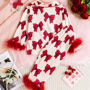 Turn-Down Collar manga pantalones largos conjunto de plumas cómodo transpirable Bowknot estampado otoño pijamas para niñas - Product Image 5