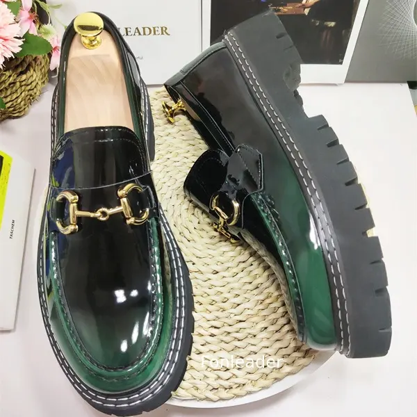 Height Increasing Thick Sole Green Patent Leather Formal Slip On Loafers Shoes for Men