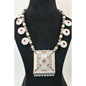 Ethnic <b>Silver</b> Plaster Hamel Necklace with Zircon Beaded Chain Vintage Geometric Women's Jewelry Gift - Product Image 4