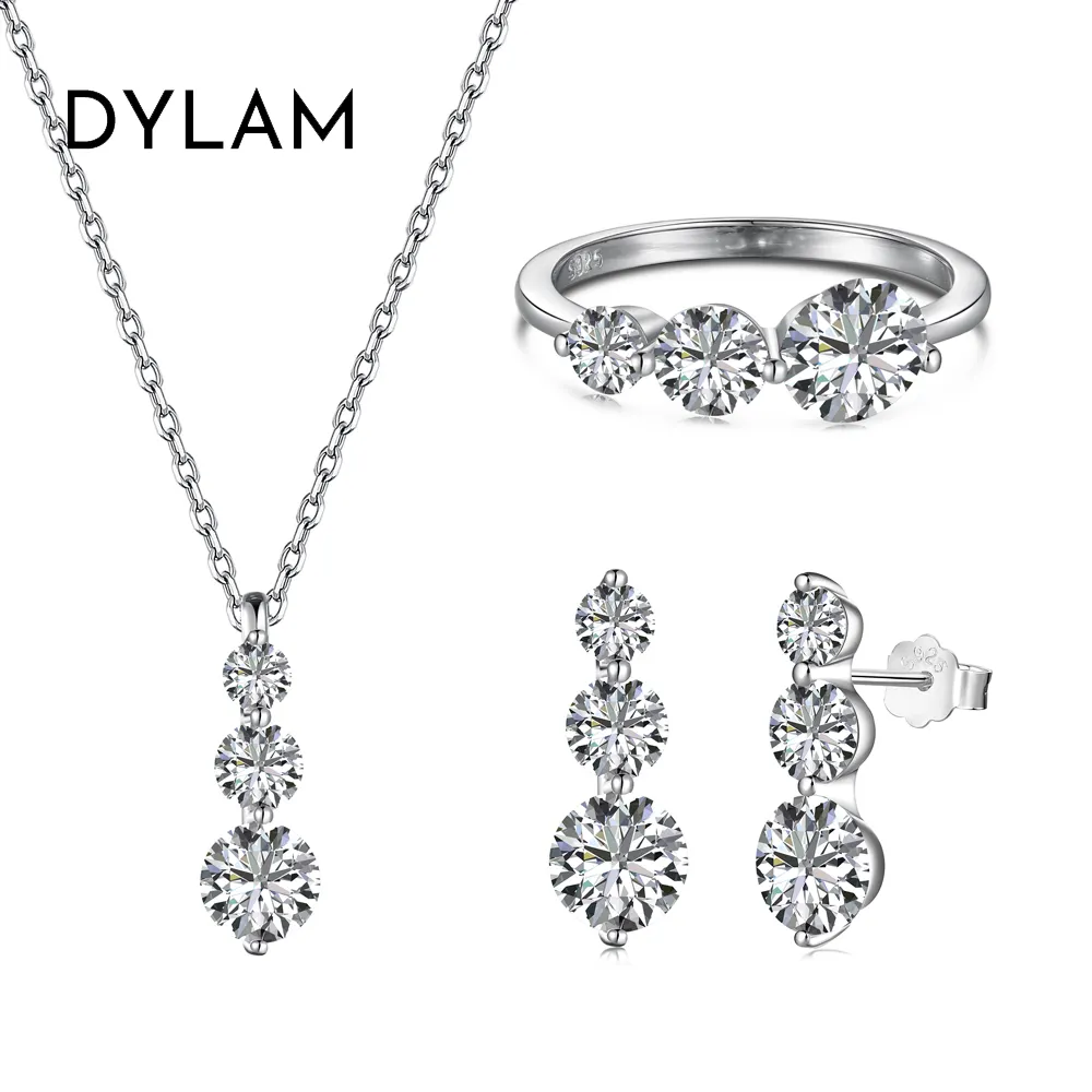 Dylam Simplicity Jewelry Set S925 Silver Rhodium Plated 3 Stones 5A Zirconia Bar Shape Stud Earrings Pendant Necklace Ring