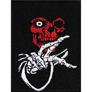 Parche Bordado de Calavera Roja con Mano de Hueso Blanco, Decoración Termoadhesiva para Tela - Product Image 1