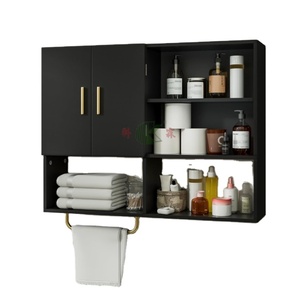 Grand meuble de salle de bain mural en bois avec 2 portes, 4 étagères ouvertes et barre porte-serviettes, noir - Product Image 1