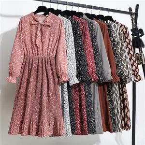 Moda estilo coreano verão camisa vestido mulheres festa chiffon vintage ponto floral manga longa v pescoço plissado escritório vestido