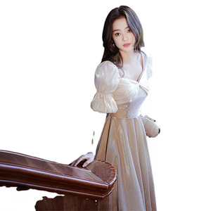 Champagne Bridesmaid Dress With Puff Sleeves Sweetheart Neckline Vintage Style Mid Length Polyester Fabric - Product Image 5