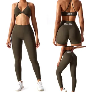 3 uds nuevos conjuntos de entrenamiento para correr de lujo con cuello en V Sexy para mujer, Sujetador deportivo personalizado y pantalones cortos de cintura alta + mallas de Yoga Activewea