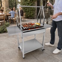 Barbecue Asado Argentin en Acier Inoxydable, Gril à Charbon de Bois avec Hauteur Réglable et Grille de Cuisson à Manivelle pour Steaks en Extérieur