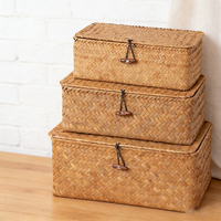 Panier de rangement en osier avec couvercle, panier en herbe de mer tissé à la main, bacs de rangement rectangulaires, boîtes de rangement pour la maison, organisateur de garde-robe