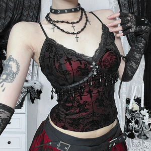 Gothic Punk Grunge hairy Core <span class=keywords><strong>estetica</strong></span> Y2k abbigliamento gotico maglia di pizzo Halloween a maniche corte camicie Sexy con spalline sottili - Product Image 2