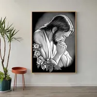 Peinture sur Toile Abstraite Noir et Blanc : Portrait de Jésus, Décoration Murale Chrétienne pour Salon et Intérieur de Maison