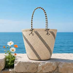 <b>Straw</b> Tote <b>Bag</b> with Black Diagonal Panels Bohemian Style Eco-friendly Open Top Summer Beach Handbag Autumn/Winter/Spring - Product Image 1