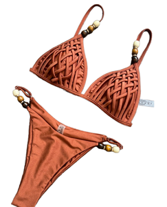 STOCK 10Colors Solid Shinny Triangle <b>Top</b> Double Lined Fabric Women's <b>Beaded</b> Brazilian Bikini Swimsuit Waist Logo 2-Piece Set - Product Image 1
