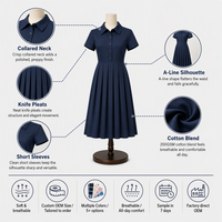 Robe Midi en Coton Mélangé à Col Chemise et Manches Courtes, Coupe Évasée Plissée, Style Preppy pour Femme, Personnalisable avec Logo OEM