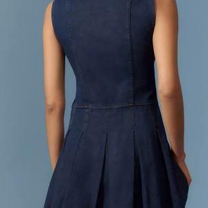 Vestido Camisero de Mezclilla para Mujer, Diseño Personalizado OEM, Sin Mangas, Falda Plisada en Línea A, Vestidos Elegantes de Jeans para Dama - Product Image 4