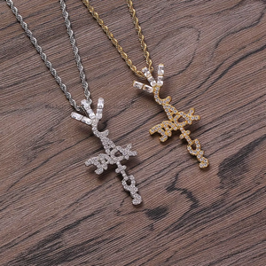 Copper CZ <b>Initial</b> Cross <b>Pendant</b>, Hip Hop Letter Charm Necklace, Iced Out Religious Jewelry - Product Image 1