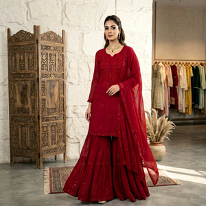 Ensemble de costume Sharara en georgette rouge avec dupatta brodée de sequins, tenue ethnique pour femme pour les fêtes et Diwali - Product Image 1