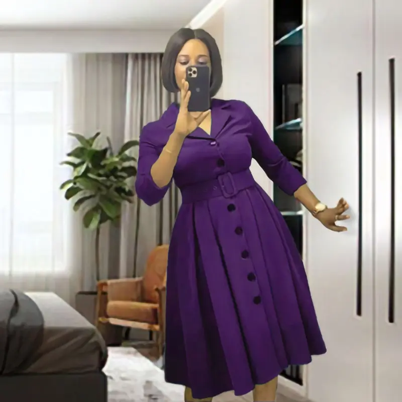 2024 अफ़्रीकी ए-लाइन लंबी पोशाक सॉलिड टर्नडाउन कॉलर एम्पायर कमर रेखा सांस लेने योग्य ग्रीष्मकालीन वसंत महिला कोट ड्रेस