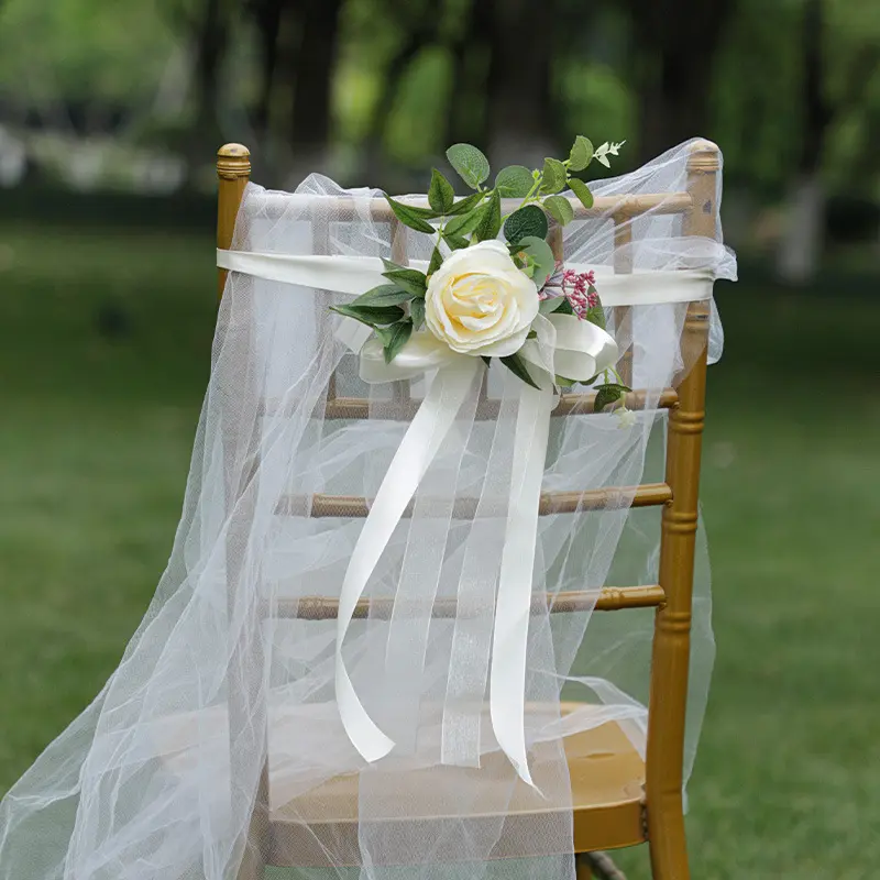 Silla al aire libre Flor trasera Flor artificial decorativa Pasillo Arreglos florales Decoración de silla de boda