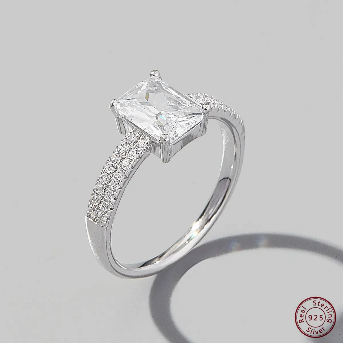 Anel de prata esterlina 925 brilhante, grande retângulo em forma de dupla camada, joia de cristal fino para mulheres, para festas de casamento