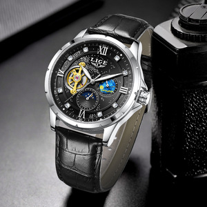 Reloj Mecánico Automático LIGE para Hombre, Cristal de Zafiro, 42 mm, Cronógrafo, Correa de Cuero Plateada y Negra, Fase Lunar, Tourbillon - Product Image 3