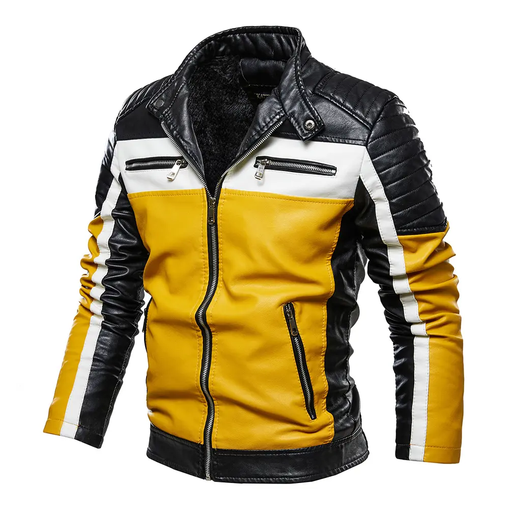 Fleece-lined leather jacket men's cross-border European size coat youth motorcycle clothing matching large size